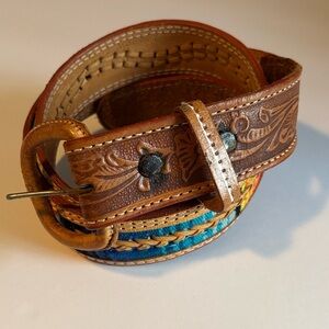 Vintage Multicolor Cotton & Hand Tooled Leather Belt with Leather Buckle | 40.5"